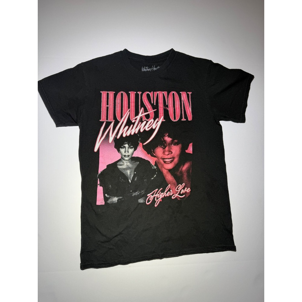 Whitney Houston Higher Love Graphic T-Shirt Black Pink Portrait Music Tee XS